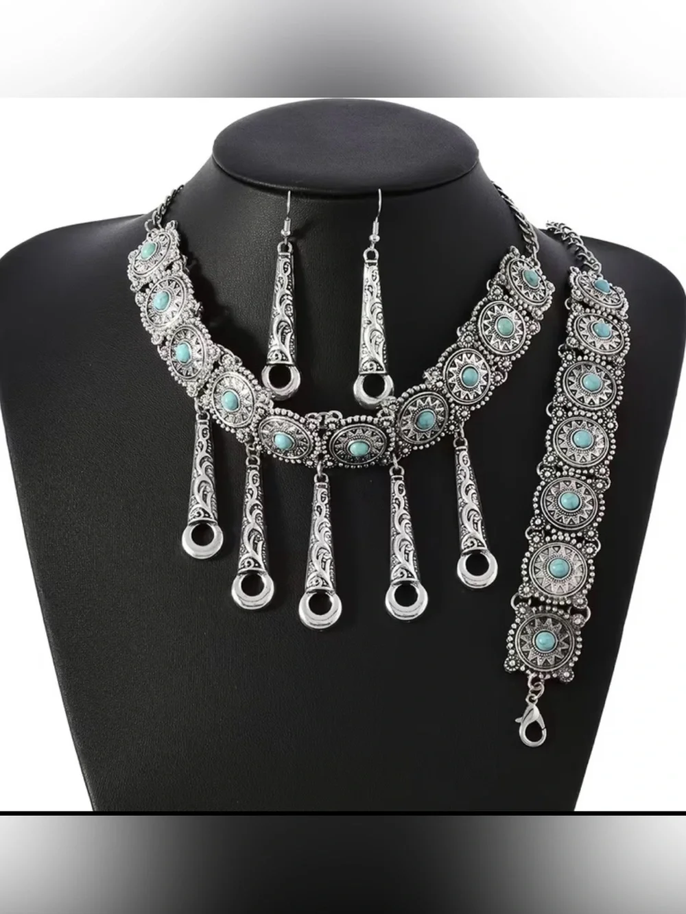 Western Set Turquoise Silver-Tone Boho Choker Necklace, Bracelet, & Earrings Set